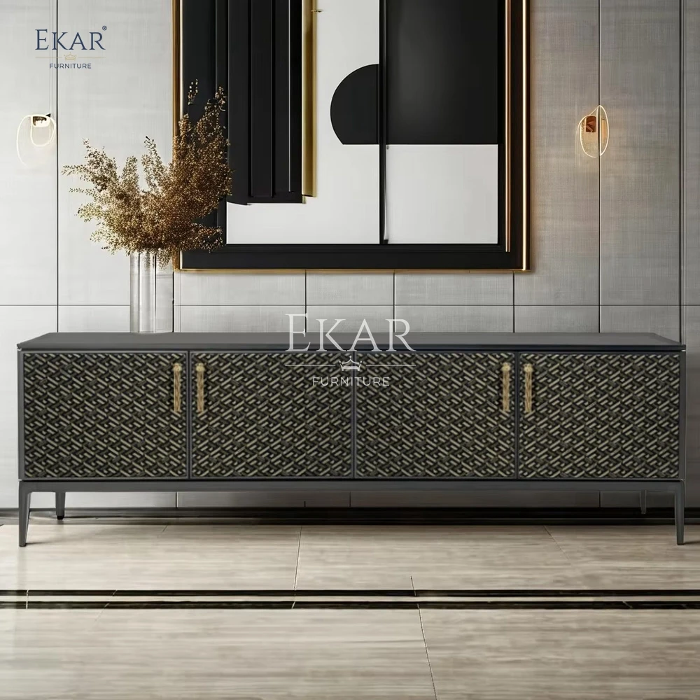 EKAR FURNITURE Modern Midnight Black Solid Cast Aluminum TV Cabinet for Living Room Bedroom Hotels and Bars