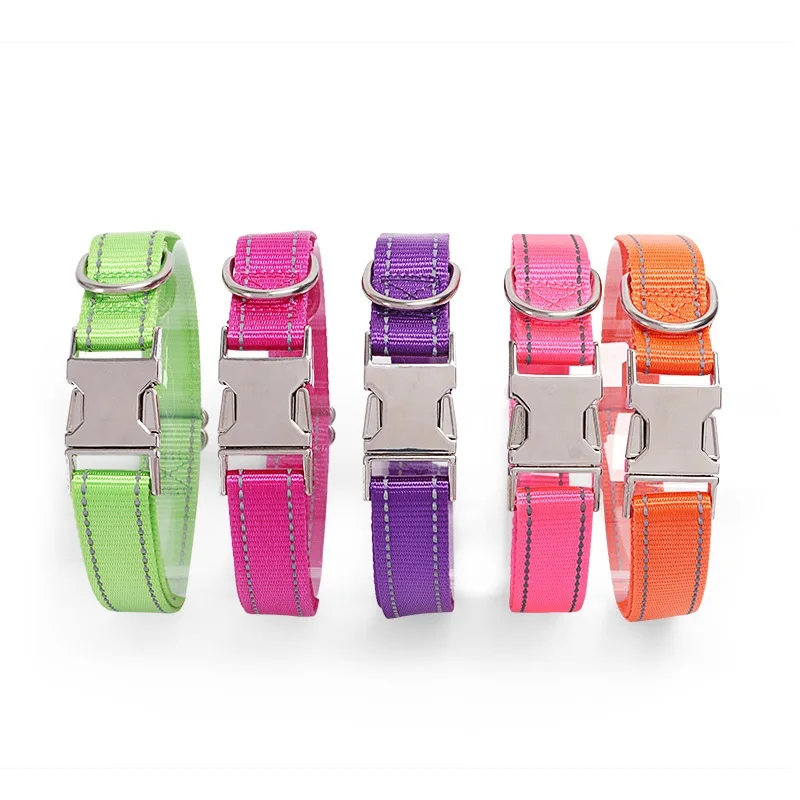 Nylon Reflective Dog Collar Solid Color Engravable Metal Buckle Outdoor Walking Collar Pet Accessories Supplies
