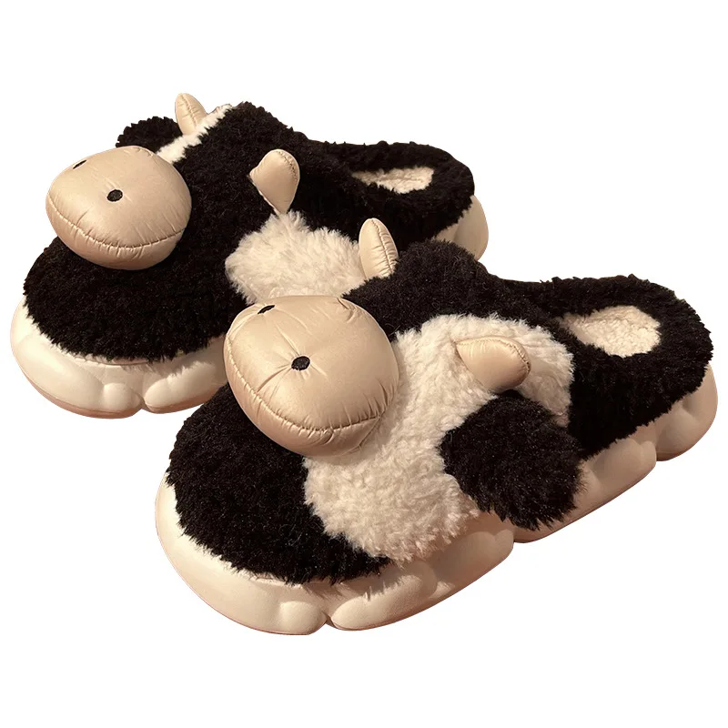 Korean Version Casual Cute Cartoon Milk Cow Cotton Female Winter Students Home Non-Slip Warm Wool Plush Slippers Shoes