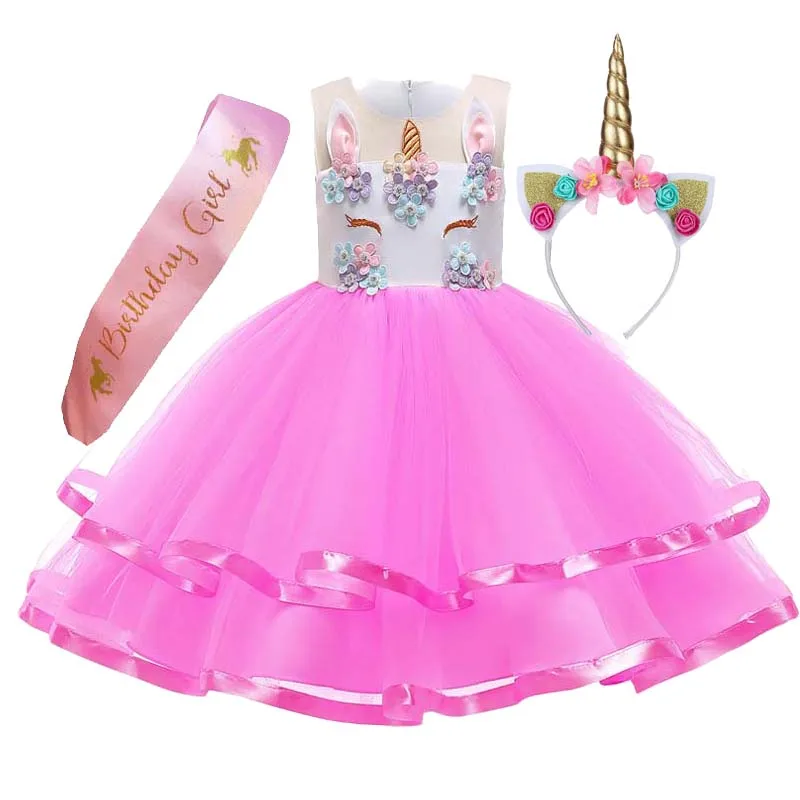 Newest 2023 Christmas Costume Carnival Children Princess Kids Girl Dress Unicorn With Unicorn Headband Sash DGLG-015