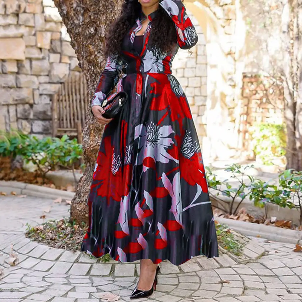 GOTS Verified Summer Plus Size Dress  Women Pleated Maxi Dresses Evening Party Long Floral Printing Dress