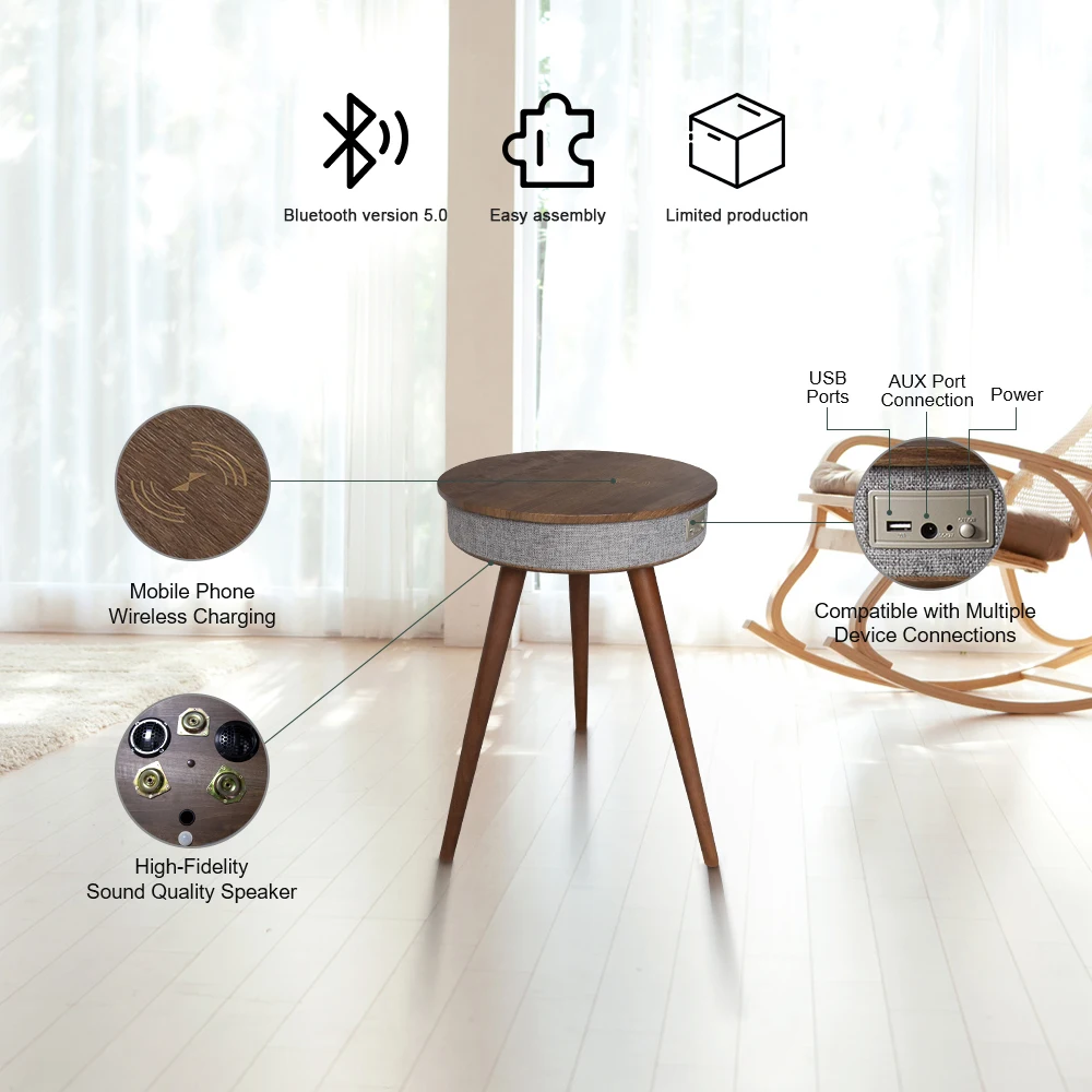 2024 Hot factory selling smart side coffee table wireless bluetooth with phone charging music table for indoor home furniture