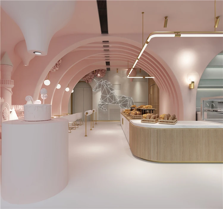 Marble Bread Shop Exquisite Wood Customized Bakery Counter Showcase Design Pink Bread Shopping Mall Kiosk Furniture Design