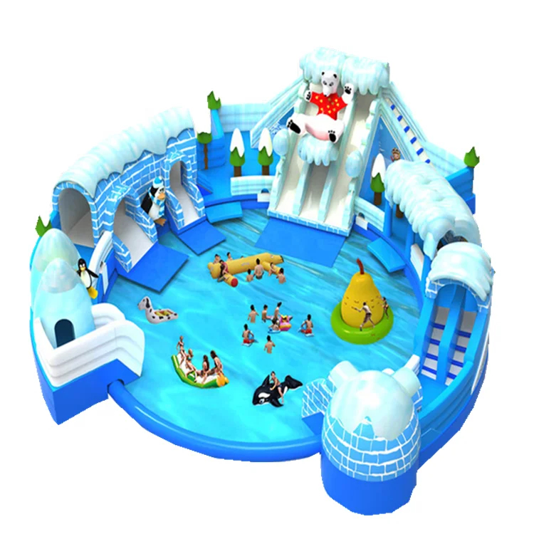 Commercial large water inflatable White Polar Bear water park castle combo water slide with swimming pool with blower