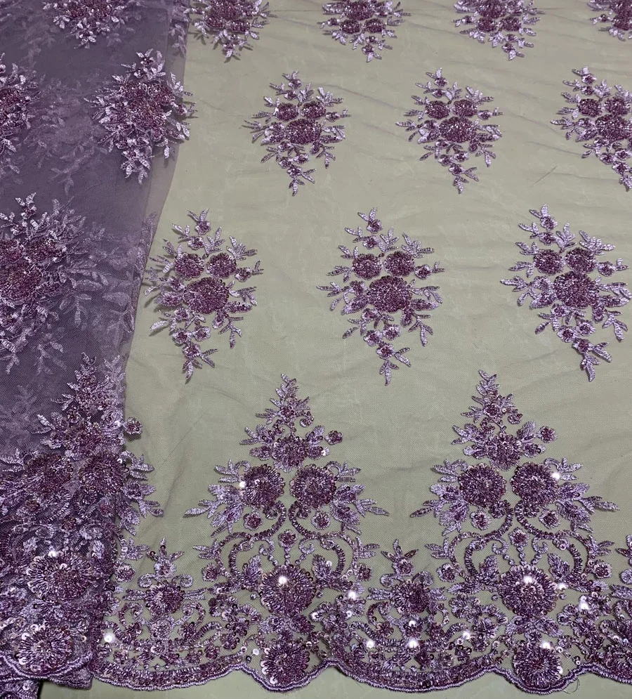 best selling purple beaded tulle embroidery fabric stock lot/fancy machine beads sequins embroidered lace fabric for dresses