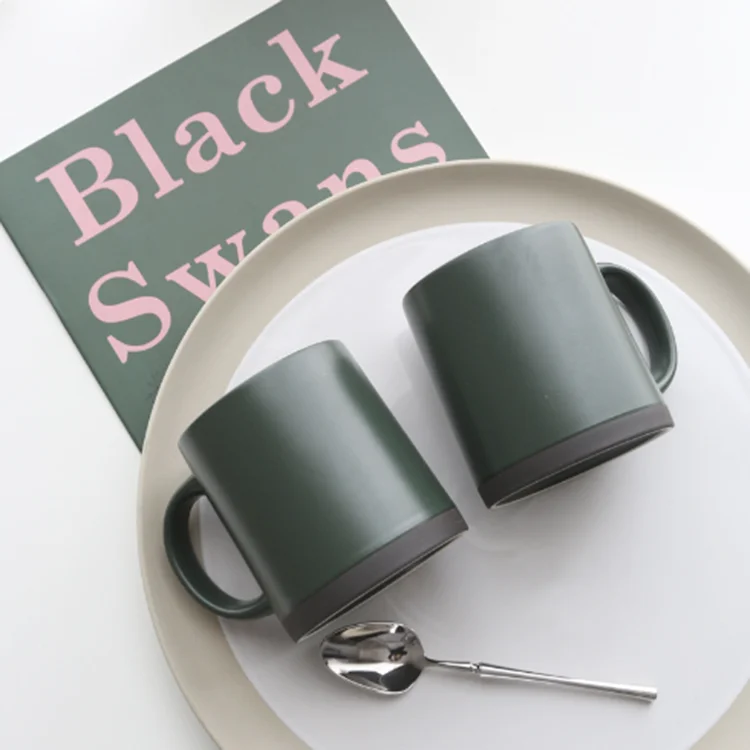 Newest Matte green ceramic mug carving logo can order gift coffee cup cereal breakfast cup wholesale