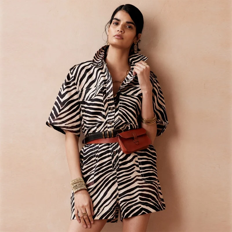 Summer women short sleeve removable belt large pockets straight leg Loose Zebra print linen short jumpsuit set