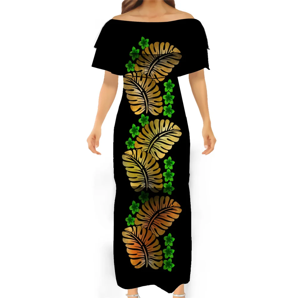 Polynesian Tribal Samoan Puletasi Print Custom Women Clothing Off Shoulder Ruffle Skirt Set Two Piece Dress Bodycon Elastic Cord