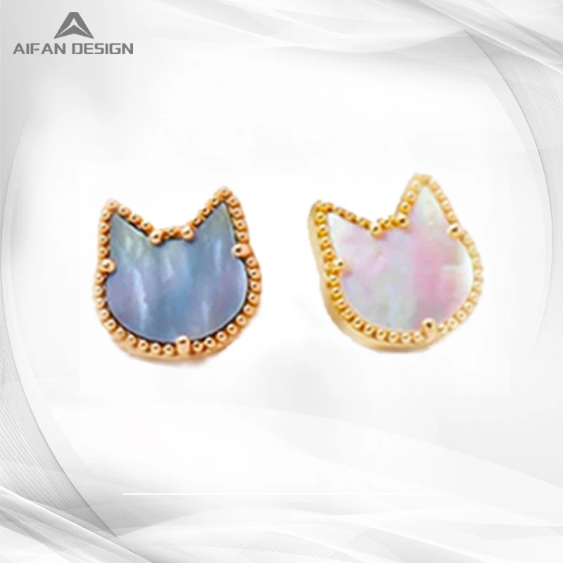 
14K Gold Natural Pearl White Shell Cute Cat Earrings 