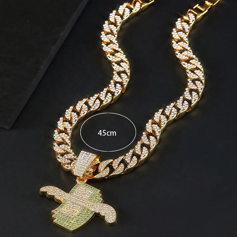 Hot Sale Men Hip Hop Diamond Dollar Pendants Necklace Fashion Cuban Dollar Pendants Necklace Chain