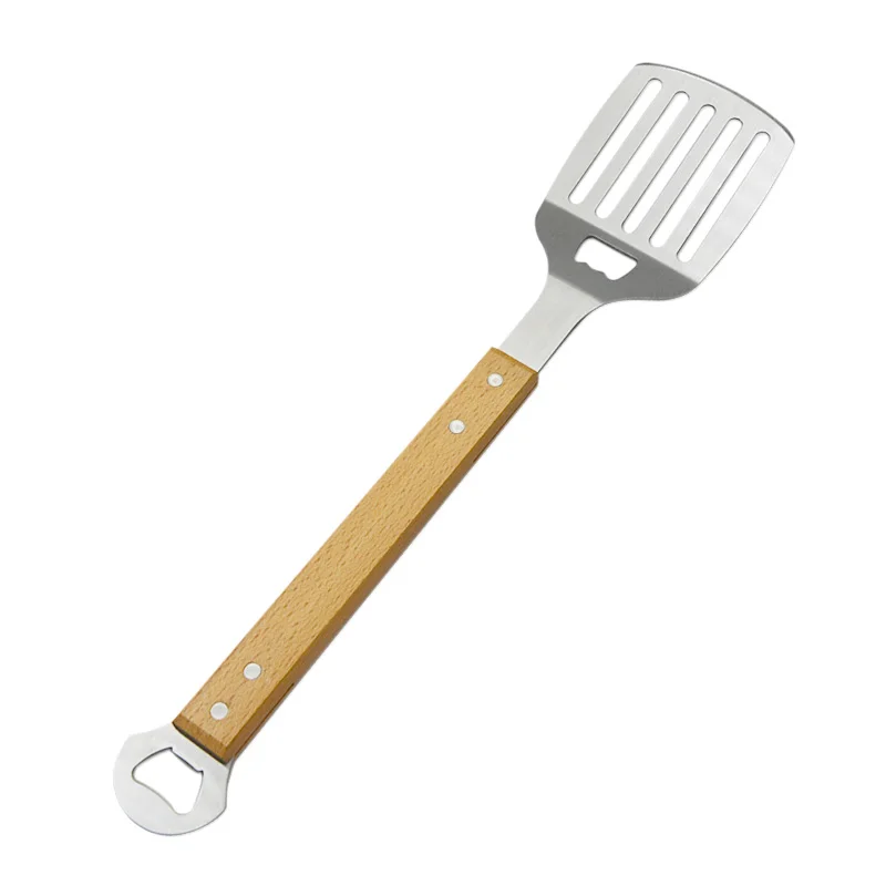 Customized Available Wood Handle Stainless Steel BBQ Spatula With Beer Bottle Opener Grill Spatula Kitchen Turner