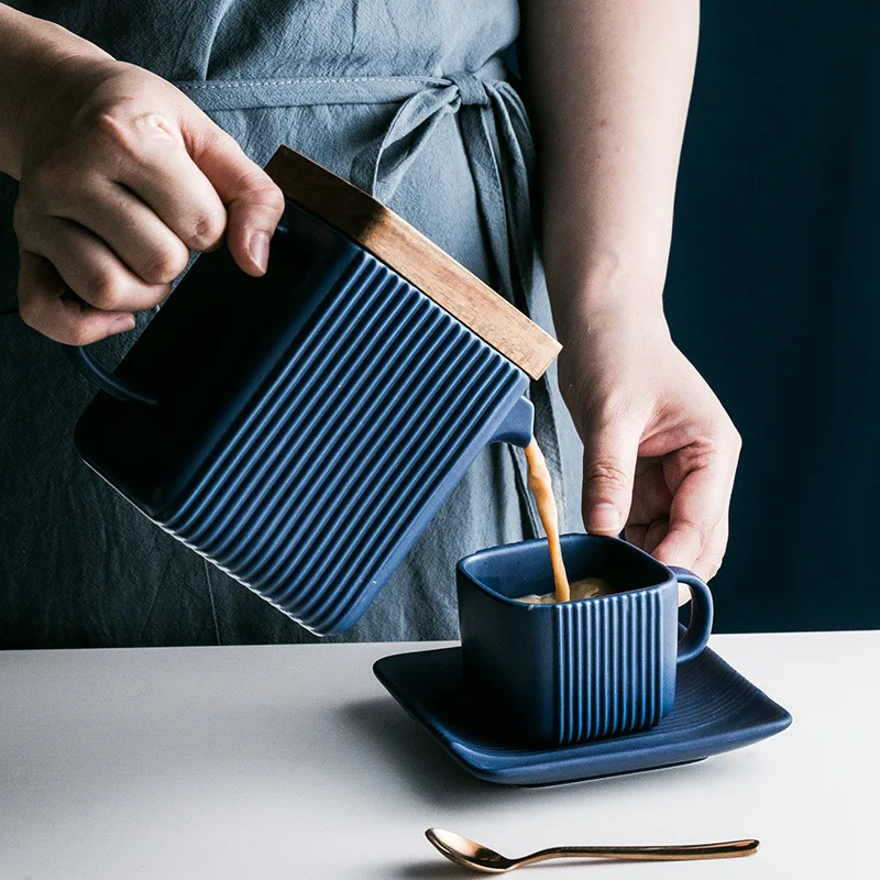 Square Straight Grain Coffee Cup Set Wood Cover Creative Ceramic Tea Set With Saucer Coffee Tea Pot and Cups