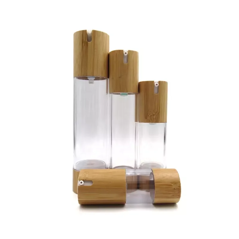 Nature bamboo lids 15ml 30ml 50ml 100ml Hot Sale Plastic Dispenser Lotion Pump Airless Bottle with Bamboo Pump