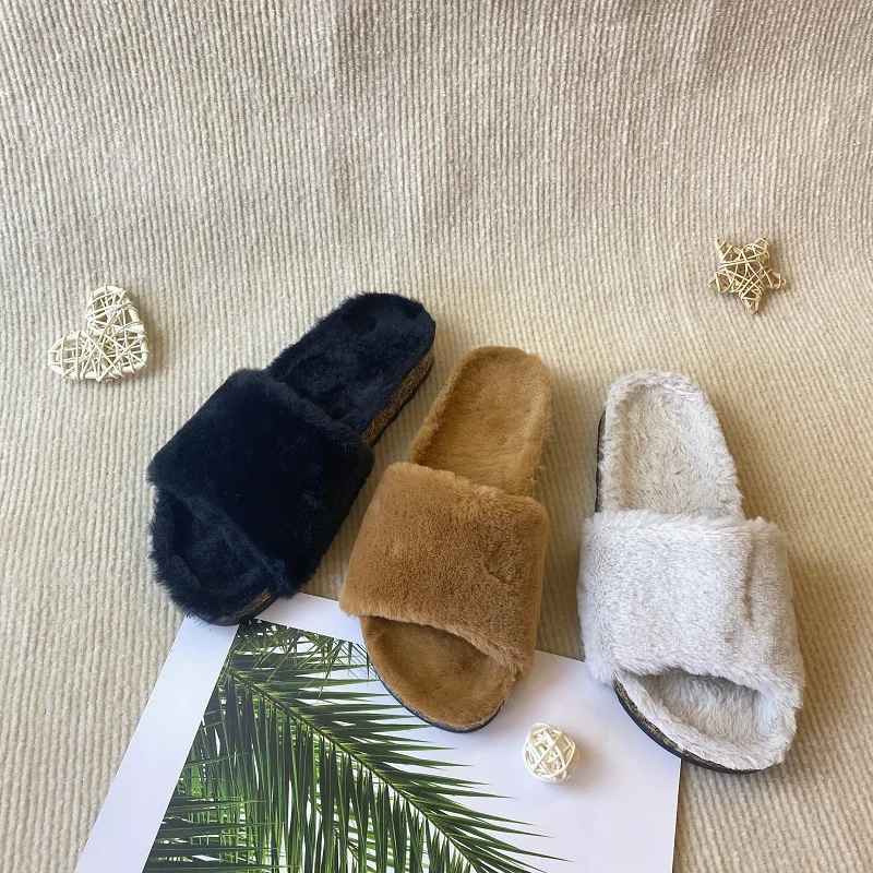 2024 Luxury Designer Custom Logo Full Fur Slides Women Winter Warm Flat Mule Clogs Slippers Soft Cork Sandals