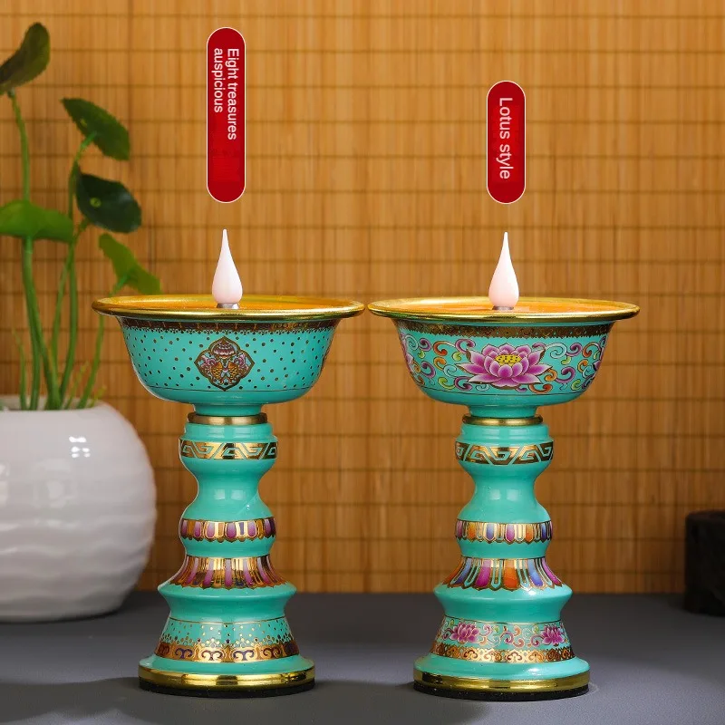 Electronic butter lamp charging simulation flame everbright lotus holder Buddha Tibetan cloisonne candlestick