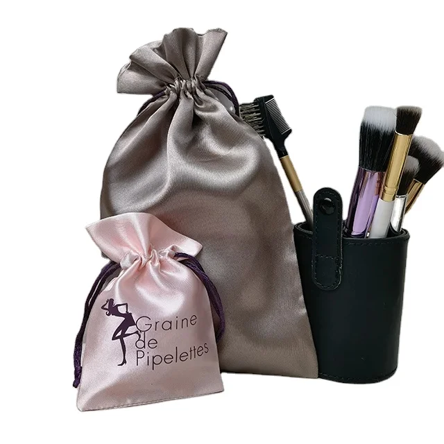 Customized Rose Gold Silk Satin Hair Extension Pouch Bags/Drawstring Satin Hair Bags For Packaging pouch