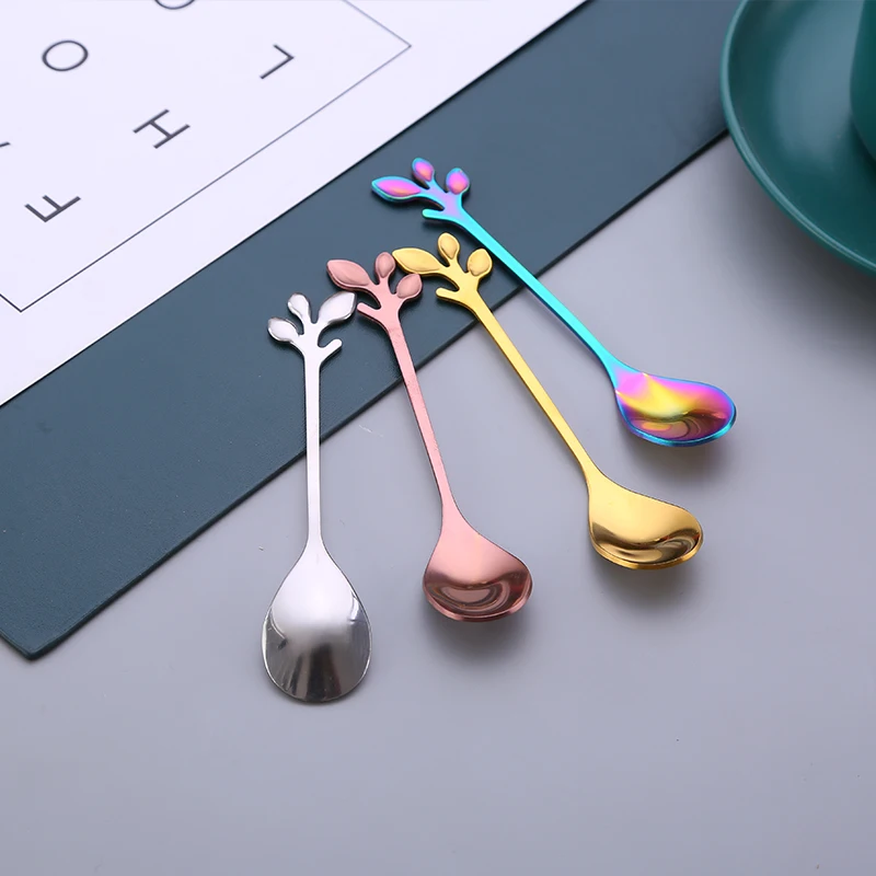 Stainless steel mike spoon Ice cream dessert spoon fork Leaf shape Coffee spoon with colorful