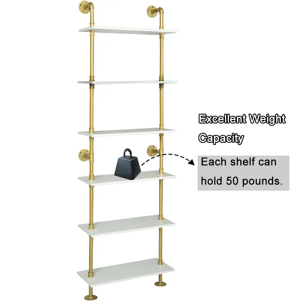 Industrial Gold Bookshelf-6 Tier Wall Mounted Ladder Bookshelf Rustic Gold Storage Book Shelves Display Bookcases for Living Ro