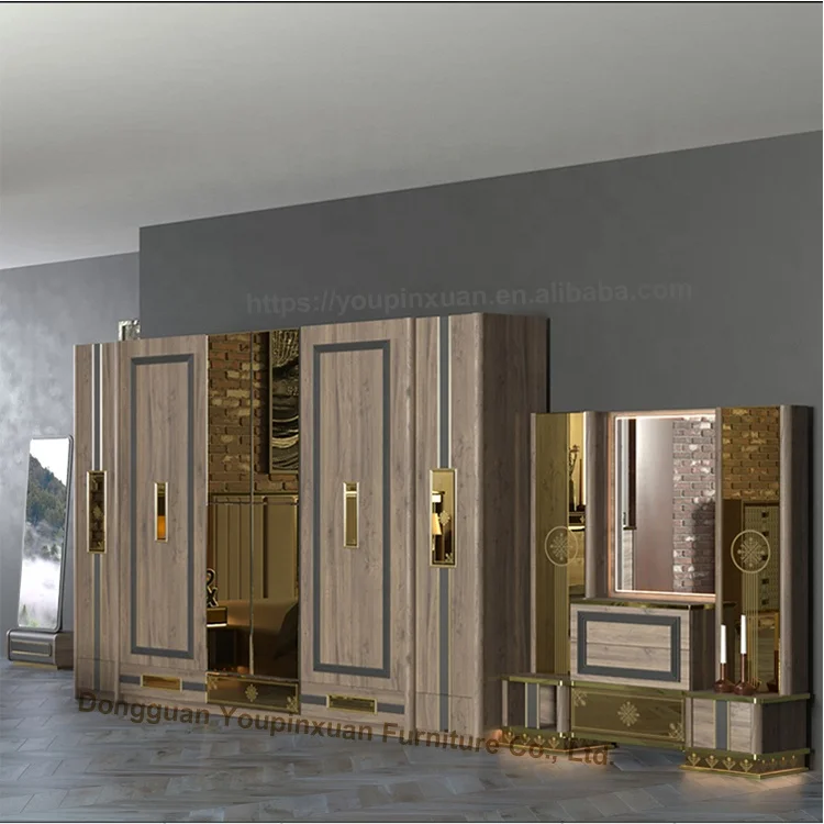 
Turkish Style Luxury King Queen Size 6 Pieces Golden Bedroom Furniture Master Bedroom Set 