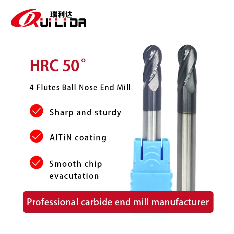 RLD  high efficiency HRC50  4 flutes carbide ball nose endmill cnc carbide cutting tools for steel