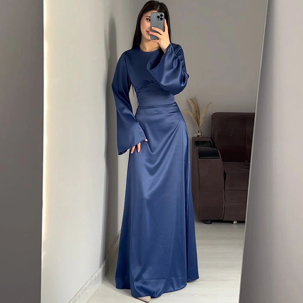 Muslim Waist Slim Tie Solid Color Temperament Long Sleeve Dress Islamic Dubai Turkish Style Elegant Long Dress 7199