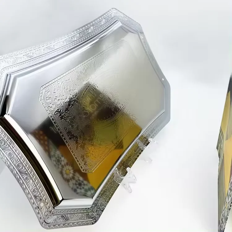 luxury gold carved stainless steel  serving tray Arabic Tray for Tea Chocolate Serving Decorative Tray