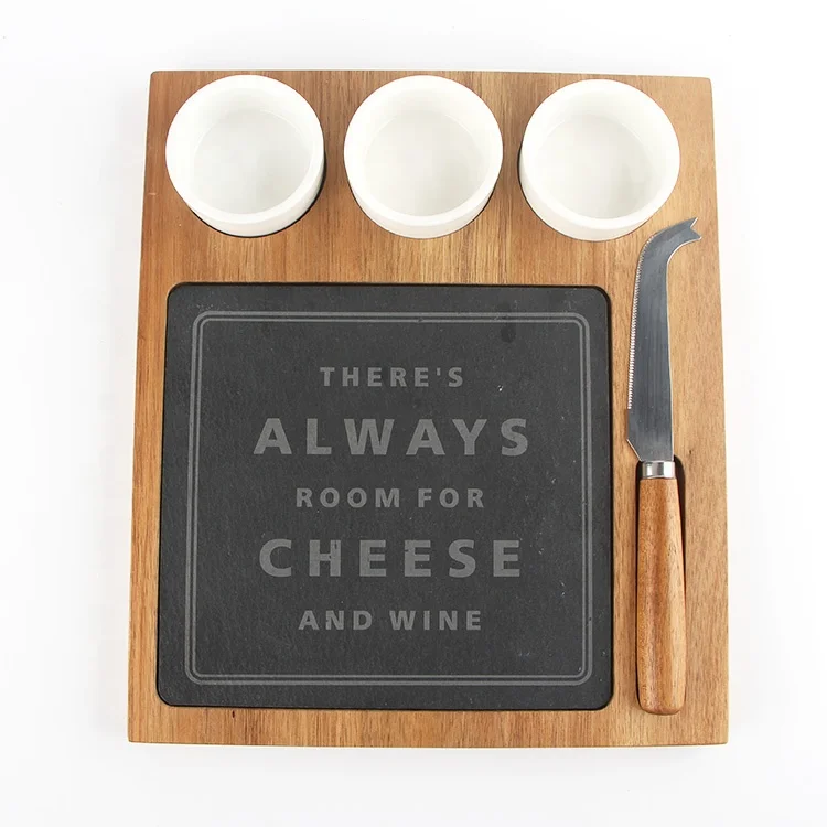 Customized material and shape wooden cheese board with dipping bowl and slate cutting board,cheese knife set