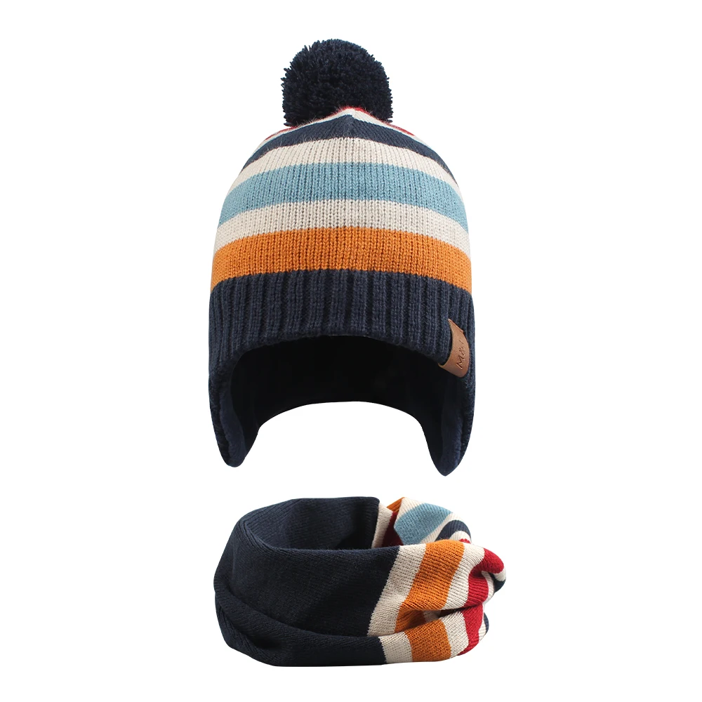 Classical Stripe Kids Warm Scarf Matching Boys Beanie with 100% Acrylic Girls Winter Knitted Hat Scarf Set Unisex