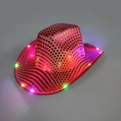 CEN-139 Wholesale Custom Unisex Pink  White Light up Cowgirl  Glow In The Dark glitter Cowboy Sequin Led Jazz Hat for wedding