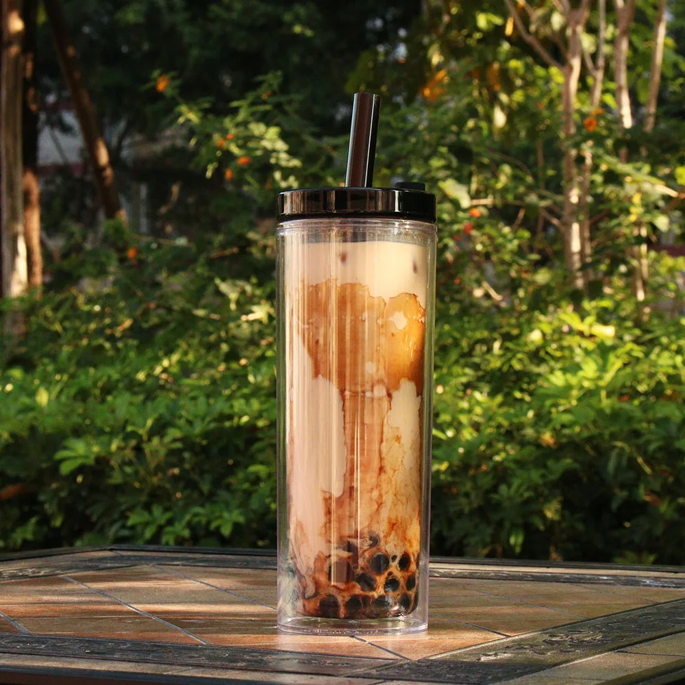 OEM Straight Clear Double Wall Reusable Boba Tumbler Cups 20 Oz Skinny Bubble Tea Plastic Cups With Lids And Straws