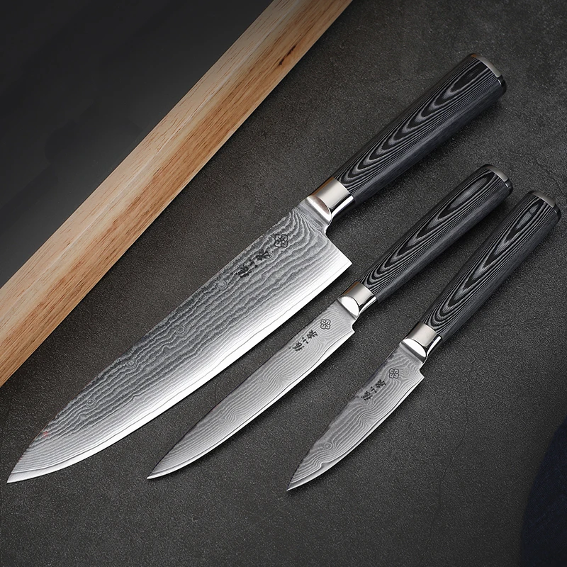 Luxury G10 Handle Japanese 3 PCS Damascus Knife Set with Sliding Wood Box
