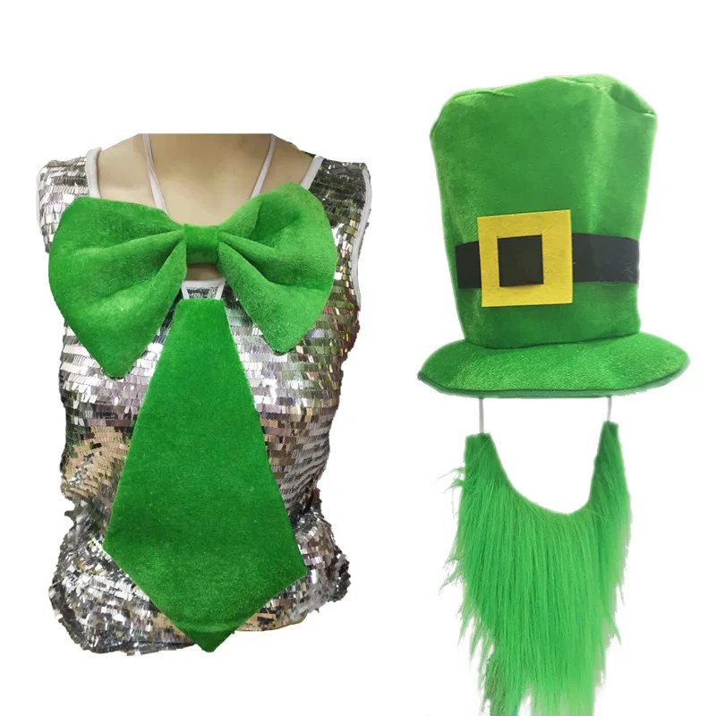 Factory Direct Irish Day Green Shamrock Hat Mustache St. Patricks Day Neck Bow Tie