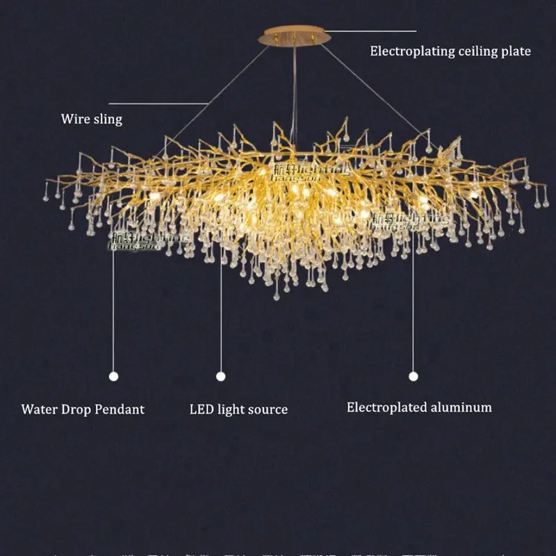 Modern hotel living room golden luxury crystal ceiling chandeliers aluminium pendant lights