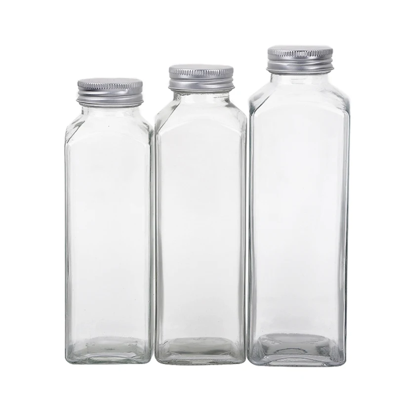 250ml 350ml 500ml clear glass bottle with aluminium screw cap square beverage packing bottles juice bottles