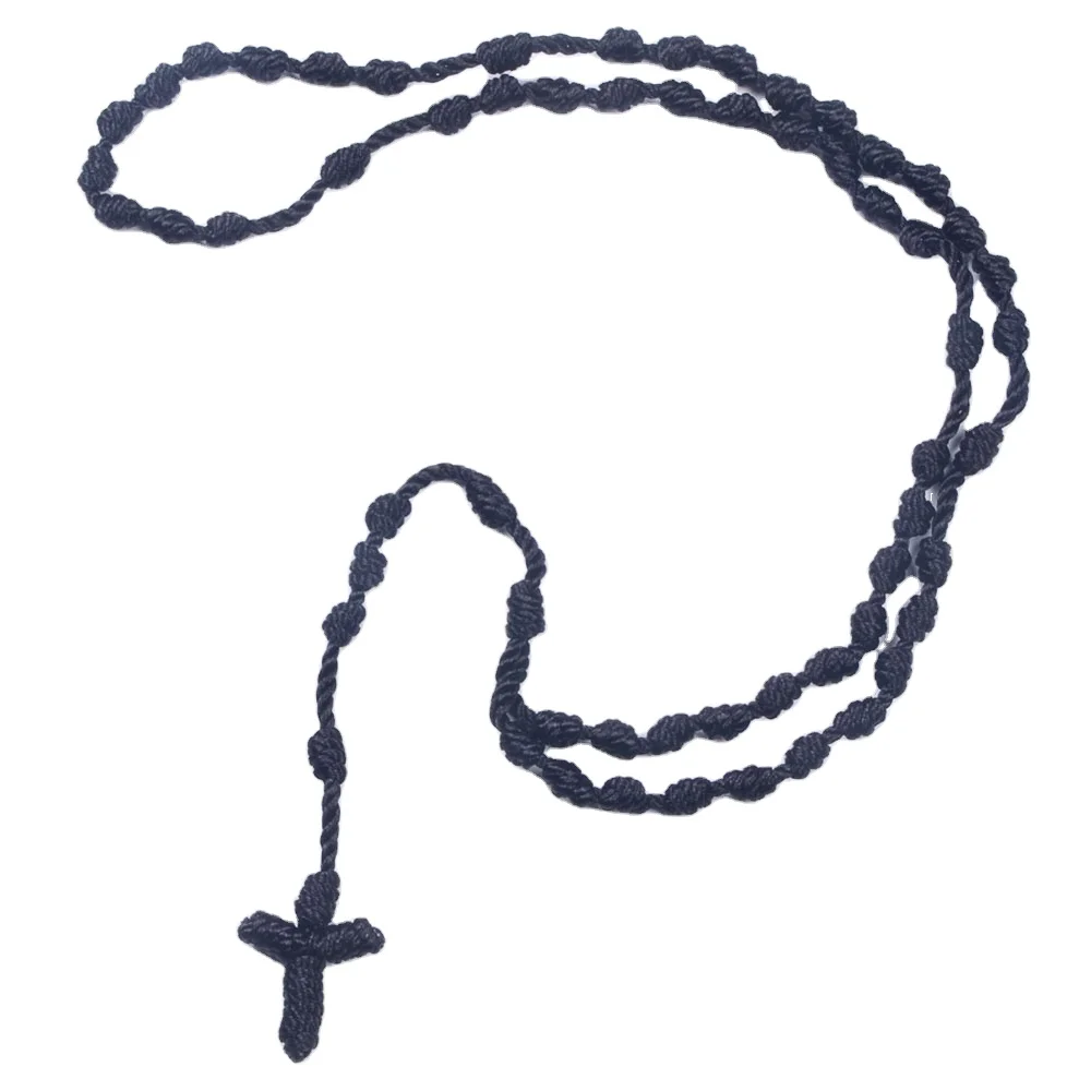 100% Handmade Craft Classic Black Rope Cord Necklace Customize Knotted Thread Rosary for Catholic Prayers