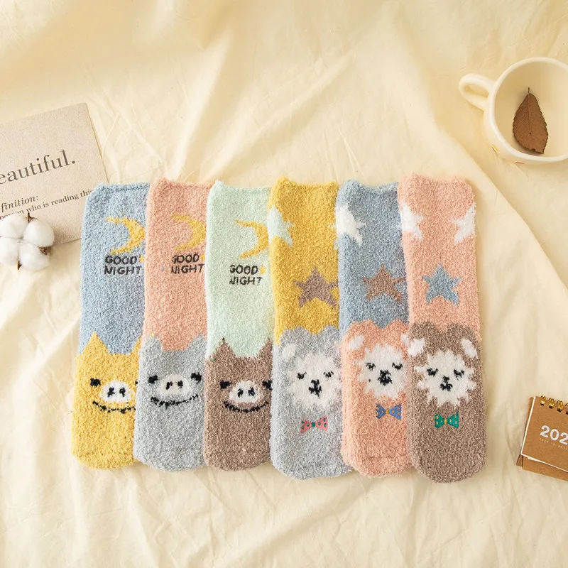 Women Cartoon Animal Winter Fuzzy Slipper Socks Cute Panda Dog Cat Pig Penguin Pattern Thick Fluffy Coral Velvet Warm Floor sock