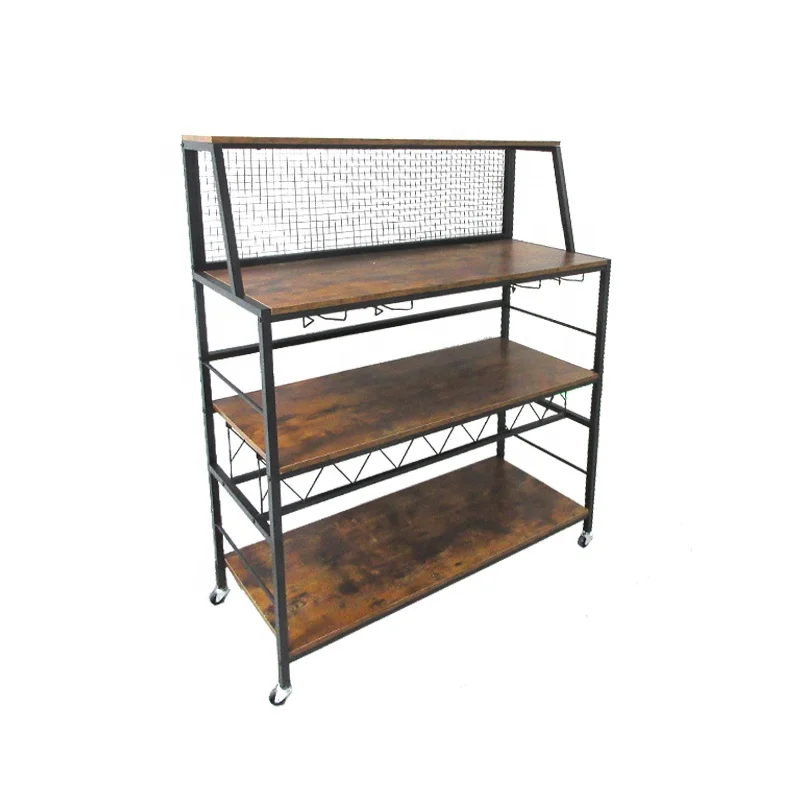 2023 hot saling OEM Kitchen Trolley Large Capacity 3-tier Storage Shelf with Wire Mesh Wine Holders