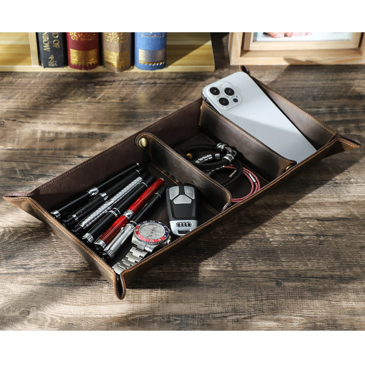 Long Partitioned Jewelry Tray Genuine Leather Snap Leather Travel Valet Tray Home Hotel Office Leather Decor Catch-All Tray