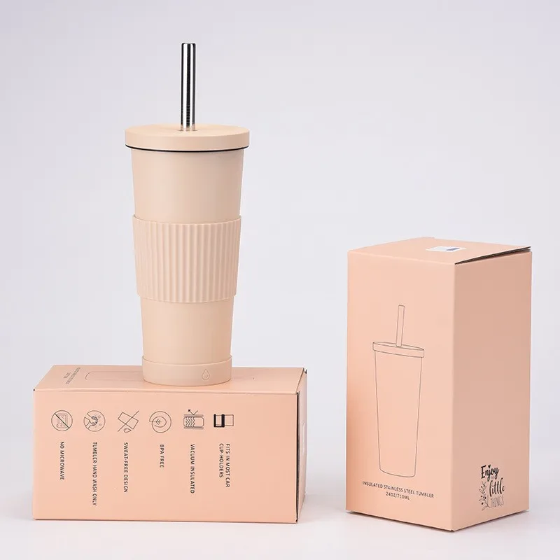 2024 new 710ml stainless steel straw tumbler women ceramic liner milk tea tumbler non-slip portable straw insulation tumbler