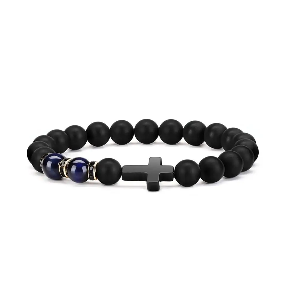 Fashion Men Women Jewelry Black Gemstone Cross High Quality Natural Matte Onyx Colorful Tiger Eye Beads Bracelets