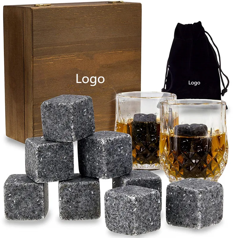 
Natural Whiskey Stones Gift Set 8 Granite Chiller Whisky Rocks with bag and Crystal Glasses in Wooden Box 