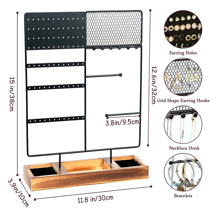 Jewelry Organizer Stand,Earring Organizer with 84 Holes Ear Stud,Jewelry Organizer Holder with Wooden Tray for Earrings Necklace
