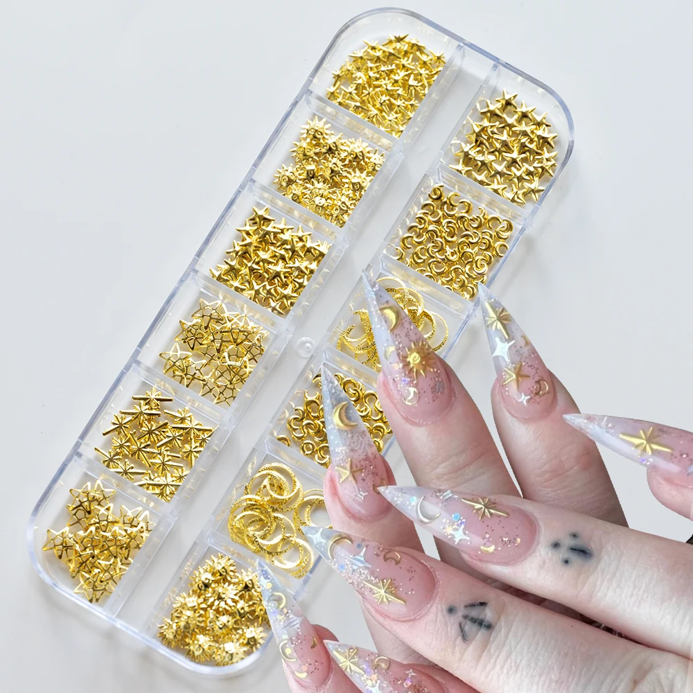 12 Grids/Box Nail Charms Sun Star Moon Series Gold Jewelry Parts Mixed 3D Art Decoration for Manicure Supplies
