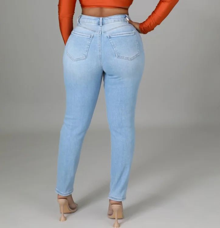KCJ1032 Wholesale Women Casual Ripped Denim Jeans Skinny Holes High Waist Long Pants For Women