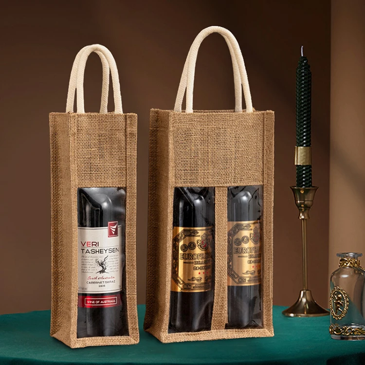 Wholesale 4 bottles wine bottle package tote gift christmas jute burlap bottle bags