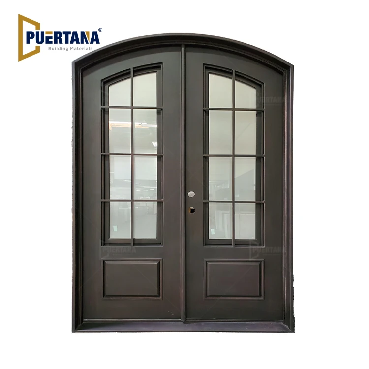 Luxurious Black Arch Wrought Iron Doors Forged Iron Double Front Entry Iron Door With Tempered Rain Glass Dark Bronze Finish