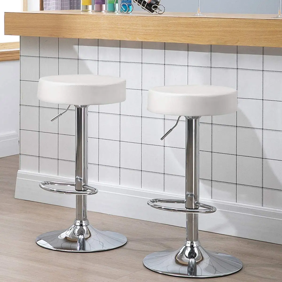 Modern Minimalist Cheap Counter Bar Stool High Chair Kitchen White Synthetic Leather Bar Stools