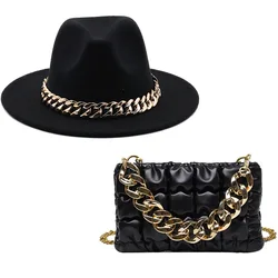 2022 New Fedora Hats And Handbags Match Hot Selling Ladies Classics Solid Fedora Hats With Gold Chain And Women Crossbody Bags