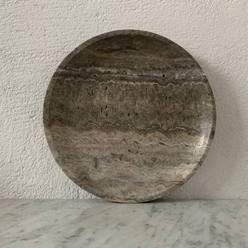 Silver grey travertine tray dia30x3cm thin edge travertine round tray