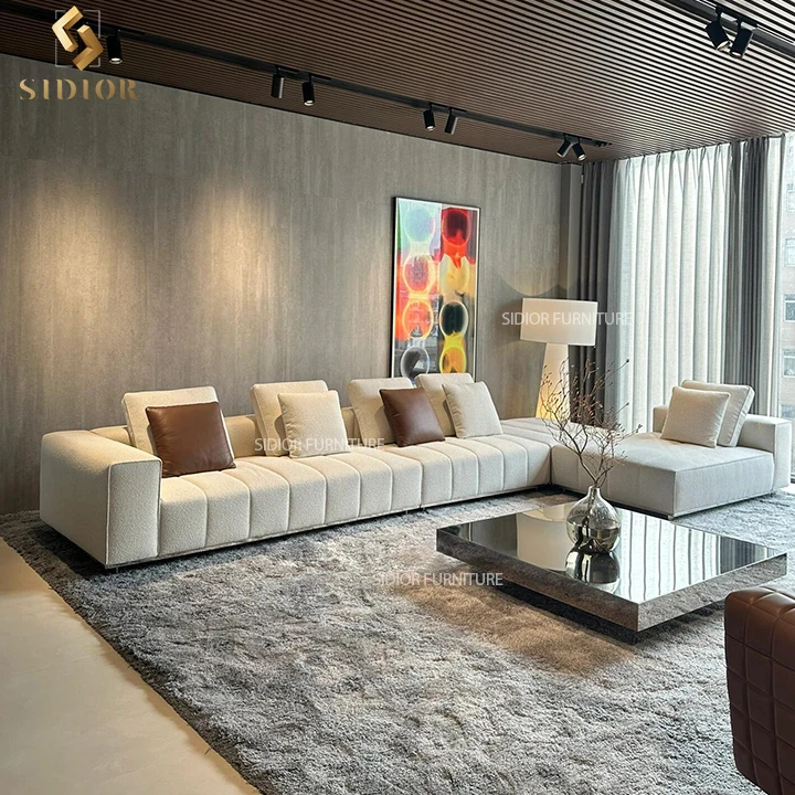 Minimalist Modern Grey Real Leather Sectional Linen Fabric Villa 8 Seater Couch Sofa Set L Shaped Corner Sofa Couch